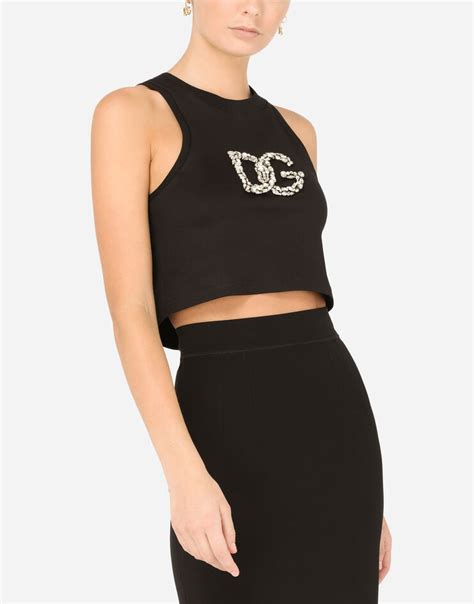 Cropped jersey tank top with crystal DG embellishment.